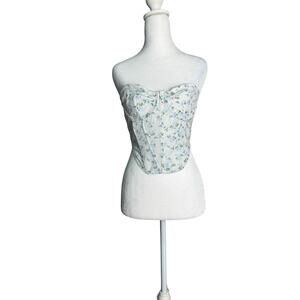 Blue Floral Lace Corset Top Strapless Cottagecore Coquette Lace Up Back Sz Small